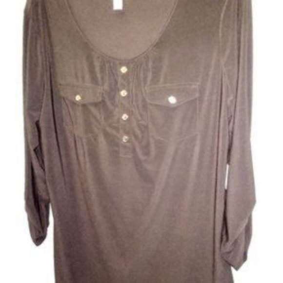 Dark Brown Tab Sleeve Gold Buttons Top - Picture 1 of 5